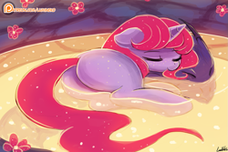 Size: 1125x750 | Tagged: safe, artist:lumineko, oc, oc only, dragon, pony, unicorn, adoptable, blank flank, curled up, cute, female, patreon, patreon logo, plot, sleeping, solo, swimming pool