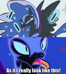 Size: 640x718 | Tagged: safe, edit, screencap, nightmare moon, scare master, big fat meanie, game, image macro, meme, new student starfish, nightmare mlem, pin the tail on the pony, solo, spongebob squarepants, tongue out