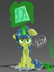 Size: 1044x1389 | Tagged: safe, artist:magical disaster, oc, oc only, oc:magical disaster, angry, fuck you, ice, ice bucket challenge, looking at you, solo, vulgar, wet, wet mane