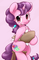 Size: 1250x1920 | Tagged: safe, artist:dshou, sugar belle, pony, unicorn, the cutie map, apron, bowl, clothes, cute, female, happy, looking at you, mare, mixing bowl, open mouth, solo, stool, sugarbetes