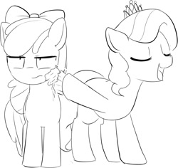 Size: 914x861 | Tagged: safe, artist:mcsadat, apple bloom, diamond tiara, cupcake, grayscale, monochrome, sharing, unamused