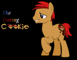 Size: 1157x906 | Tagged: safe, artist:livvyloulou, oc, oc only, oc:the daring cookie, pony, base used, black background, cookie, cutie mark, fimfiction, male, raised hoof, simple background, smiling, stallion