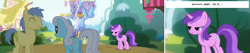 Size: 1703x362 | Tagged: safe, screencap, amethyst star, cheerilee, goldengrape, linky, neon lights, rising star, rumble, shoeshine, sir colton vines iii, sparkler, thunderlane, earth pony, pegasus, pony, unicorn, season 5, the cutie map, background pony, bedroom eyes, colt, female, image macro, male, mare, meme, shipper on deck, stallion, text, twilight's castle