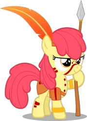 Size: 1595x2224 | Tagged: safe, artist:zacatron94, apple bloom, earth pony, pony, barbarian, clothes, costume, face paint, halloween, halloween costume, hilarious in hindsight, holiday, nightmare night, nightmare night costume, predicted the show, simple background, solo, spear, transparent background, tribal, vector, warrior