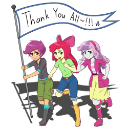 Size: 1250x1250 | Tagged: safe, artist:acesrockz, apple bloom, scootaloo, sweetie belle, equestria girls, clothes, cutie mark crusaders, flag, group, open mouth, pants, pole, raised leg, shorts, thank you, trio