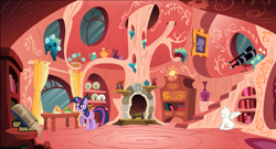 Size: 1729x931 | Tagged: safe, twilight sparkle, unicorn twilight, unicorn, concept art, golden oaks library, interior, leak, official art, scenery, solo