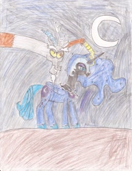 Size: 637x825 | Tagged: safe, artist:bronyhaterslayer, derpibooru import, discord, nightmare moon, traditional art