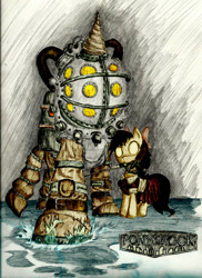 Size: 1000x1373 | Tagged: safe, artist:eternal-equilibrium, pony, robot, big daddy, bioshock, colored, crossover, drill, drill horn, little sister, ponified