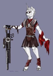 Size: 2204x3171 | Tagged: safe, artist:galgannet, oc, anthro, classical unicorn, unguligrade anthro, unicorn, armor, caesar's legion, cloven hooves, crossover, fallout, fallout: new vegas, gauss rifle, gun, leonine tail, weapon