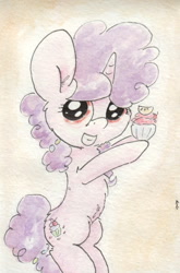 Size: 681x1032 | Tagged: safe, artist:slightlyshade, sugar belle, the cutie map, cupcake, solo, traditional art