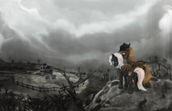 Size: 3500x2264 | Tagged: safe, artist:miradge, oc, oc only, oc:calamity, oc:velvet remedy, pegasus, pony, unicorn, fallout equestria, battle saddle, cowboy hat, cutie mark, dashite, dead tree, fanfic, fanfic art, farm, female, gun, hat, hooves, horn, hug, male, mare, plot, post-apocalyptic, rifle, ruins, stallion, sweet apple acres, tree, velamity, wasteland, weapon, winghug, wings