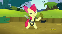 Size: 1279x717 | Tagged: safe, screencap, apple bloom, earth pony, pony, bloom and gloom, bipedal, discovery family logo, female, filly, foal, game face, hoof hold, narrowed eyes, pest control gear, solo, twitbuster apple bloom