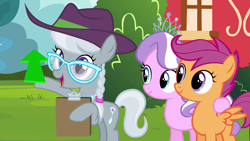 Size: 1280x720 | Tagged: safe, edit, edited screencap, screencap, diamond tiara, scootaloo, silver spoon, twilight time, arrow, clipboard, upvote