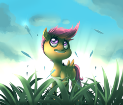 Size: 1600x1375 | Tagged: safe, artist:sourspot, scootaloo, feather, implied rainbow dash, solo