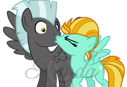 Size: 690x476 | Tagged: safe, artist:ipandacakes, lightning dust, thunderlane, pegasus, pony, female, kissing, male, mare, shipping, simple background, stallion, straight, thunderdust, transparent background, watermark