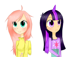 Size: 1280x1024 | Tagged: safe, artist:hatsunehimeko, derpibooru import, fluttershy, twilight sparkle, twilight sparkle (alicorn), alicorn, human, horned humanization, humanized, winged humanization