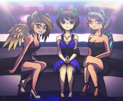 Size: 1563x1281 | Tagged: safe, artist:oatmeal, oc, oc only, oc:grace note, oc:mint mocha, oc:scribble, anthro, clothes, dress, freckles, group, group photo, high heels, necklace, nightclub