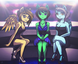 Size: 1563x1281 | Tagged: safe, artist:oatmeal, oc, oc only, oc:grace note, oc:mint mocha, oc:scribble, anthro, earth pony, pegasus, plantigrade anthro, clothes, dress, freckles, group, group photo, high heels, necklace, nightclub