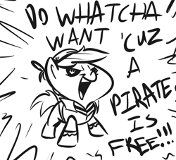 Size: 1100x1000 | Tagged: safe, artist:tess, pipsqueak, clothes, cute, lazytown, monochrome, open mouth, pirate, smiling, smirk, solo, yelling, you are a pirate