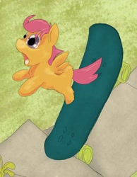 Size: 800x1030 | Tagged: safe, artist:fluffsplosion, scootaloo, fluffy pony, scootafluff, skateboard, this will end in pain