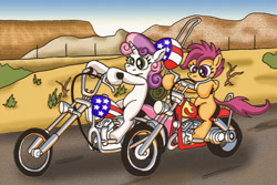 Size: 1800x1200 | Tagged: safe, artist:spot152, scootaloo, sweetie belle, easy rider, motorcycle