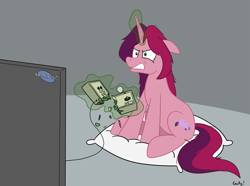 Size: 2037x1519 | Tagged: safe, artist:rapidstrike, oc, oc only, oc:gloomy, angry, arcade stick, fight stick, frustrated, gritted teeth, magic, pillow, rage quit, sitting, solo, telekinesis, television, video game