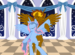 Size: 1274x944 | Tagged: safe, artist:darktailsko, oc, oc only, oc:prince cosmic light, oc:princess sorraia, alicorn, pony, alicorn oc, couple, dance floor, dancing, night, snow, snowflake, sorright