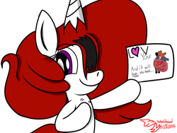 Size: 1024x768 | Tagged: safe, artist:xwoofyhoundx, oc, oc only, oc:red velvet, pony, unicorn, female, filly, heart, sign, solo