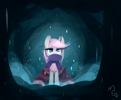 Size: 1900x1579 | Tagged: safe, artist:meekcheep, oc, oc only, oc:robin, mothpony, original species, pony, clothes, female, forest, mare, painting, rain, scarf, signature