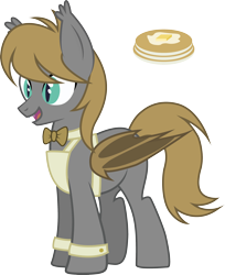 Size: 2424x2974 | Tagged: safe, artist:duskthebatpack, oc, oc only, oc:buttermilk pancake, bat pony, pony, apron, bowtie, clothes, cute, cutie mark, fangs, male, open mouth, pancakes, simple background, smiling, solo, stallion, transparent background, vector, waiter