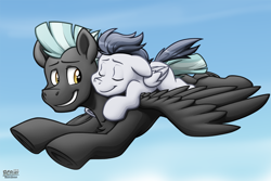 Size: 1076x717 | Tagged: safe, artist:bcpony, rumble, thunderlane, pegasus, pony, brothers, chest fluff, colt, eyes closed, flying, looking back, male, nuzzling, ponies riding ponies, sky, spread wings, stallion, wings