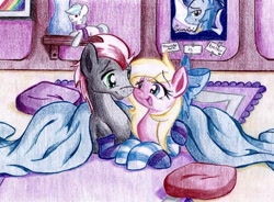 Size: 1024x752 | Tagged: safe, artist:emberslament, double diamond, soarin', oc, clothes, cuddling, snuggling, socks, striped socks, traditional art