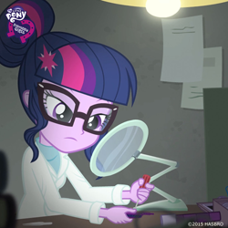 Size: 720x720 | Tagged: safe, screencap, sci-twi, twilight sparkle, equestria girls, friendship games, equestria girls logo, female, glasses, lamp, screwdriver