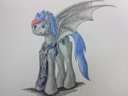 Size: 1024x768 | Tagged: safe, artist:acespade777, oc, oc only, oc:ace spade, bat pony, pony, armor, solo, traditional art