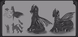 Size: 2950x1427 | Tagged: safe, artist:setarium, oc, oc only, changeling, comparison, concept art, design, female, grayscale, male, monochrome, sitting, sketch