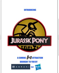 Size: 768x942 | Tagged: safe, alicorn, pony, hasbro, ingen, jurassic park, jurassic world, logo parody, masrani corporation, poster, promo