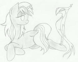 Size: 1024x821 | Tagged: safe, artist:candy-muffin, oc, oc only, oc:pyrelight, oc:velvet remedy, balefire phoenix, phoenix, pony, unicorn, black and white, fanfic, fanfic art, female, grayscale, hooves, horn, lying down, mare, monochrome, pencil drawing, prone, simple background, traditional art, white background