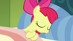 Size: 1280x720 | Tagged: safe, screencap, apple bloom, earth pony, pony, bloom and gloom, adorabloom, bed, bedsheets, bow, cute, eyes closed, female, filly, hair bow, pillow, sleeping, solo