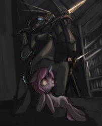 Size: 3546x4391 | Tagged: safe, artist:darkstylerz, derpibooru exclusive, oc, oc only, human, pony, unicorn, armor, collar, dark, gun, looking up, shooting, weapon