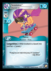 Size: 358x500 | Tagged: safe, scootaloo, card, ccg, enterplay, equestrian odysseys, filly nelson, helmet, scooter, solo