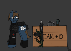 Size: 1400x1000 | Tagged: safe, artist:facade, oc, oc only, oc:cotton, fallout equestria, backpack, boots, box, clothes, flash grenade, grenade, gun, rifle, solo, vest, weapon