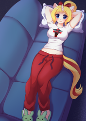 Size: 500x706 | Tagged: safe, artist:meltyvixen, oc, oc only, oc:fantasy incantation, anthro, ambiguous facial structure, anthro oc, belly button, bunny slippers, clothes, commission, midriff, on back, pants, relaxing, slippers, sofa, solo, sweatpants