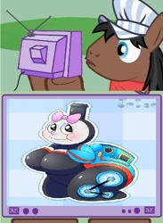 Size: 440x600 | Tagged: safe, full steam, promontory, breasts, cleavage, exploitable meme, female, meme, no exceptions, obligatory pony, thomas the tank engine, tv meme, what has science done