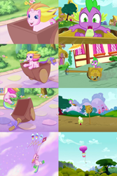 Size: 1924x2880 | Tagged: safe, screencap, granny smith, rarity (g3), spike, dragon, g3, spike at your service, the runaway rainbow, bouncing, cathy weseluck, comparison, crystal princess, happy, hilarious in hindsight, hot air balloon, kite, male, princess rarity, similarities, sparkles, voice actor joke, worried