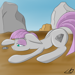 Size: 2000x2000 | Tagged: safe, artist:billysan727, boulder (pet), maud pie, eye contact, lidded eyes, looking at something, lying down, wrong cutie mark