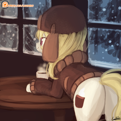 Size: 750x750 | Tagged: safe, artist:lumineko, march gustysnows, pony, coffee, cup, female, mare, patreon, patreon logo, plot, smiling, snow, solo, table, tree, window