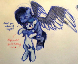 Size: 1600x1304 | Tagged: safe, artist:sweetheartannie, earth pony, pegasus, oc x oc, traditional art