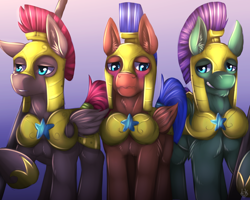 Size: 1280x1024 | Tagged: safe, artist:kuro-no-yuki, artist:lu-kurio, spearhead, pegasus, pony, rarity investigates, blushing, raised hoof, royal guard, trio