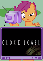 Size: 564x800 | Tagged: safe, scootaloo, clock tower (video game), confused, engrish, exploitable meme, jontron, meme, obligatory pony, towel, tv meme