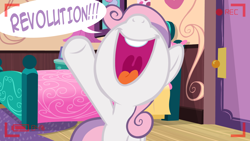 Size: 1280x720 | Tagged: dead source, safe, artist:jan, sweetie belle, ask the crusaders, camera, camera shot, fourth wall, nose in the air, revolution, solo, speech bubble, yelling